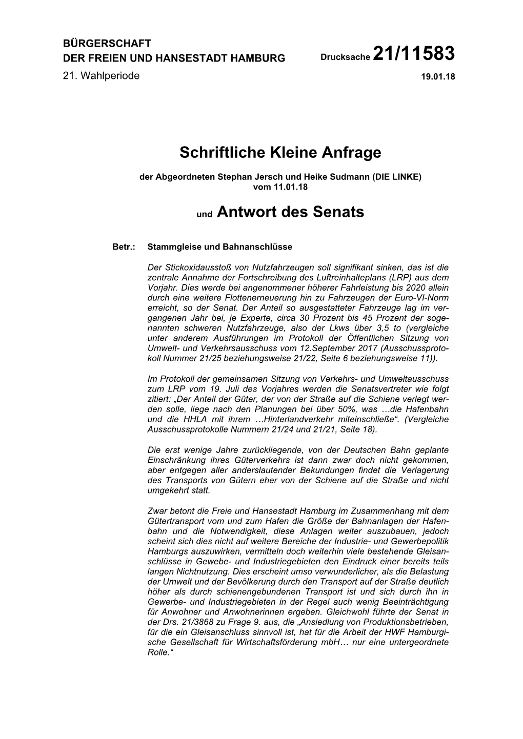 Schriftliche Kleine Anfrage Und Antwort Des Senats