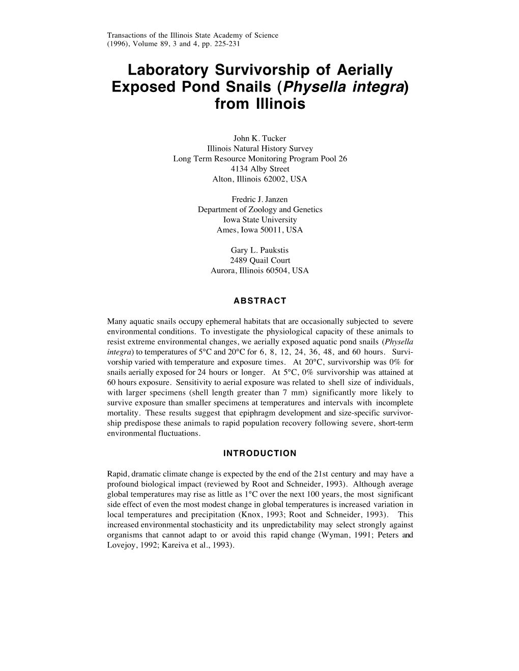 Laboratory Survivorship of Aerially Exposed Pond Snails (Physella Integra) from Illinois