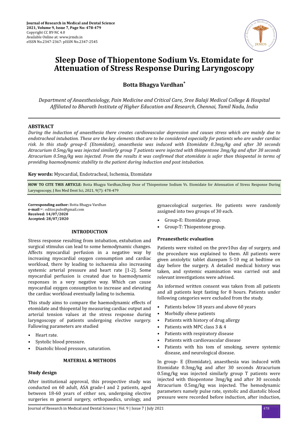 Sleep Dose of Thiopentone Sodium Vs. Etomidate for Attenuation of Stress Response During Laryngoscopy