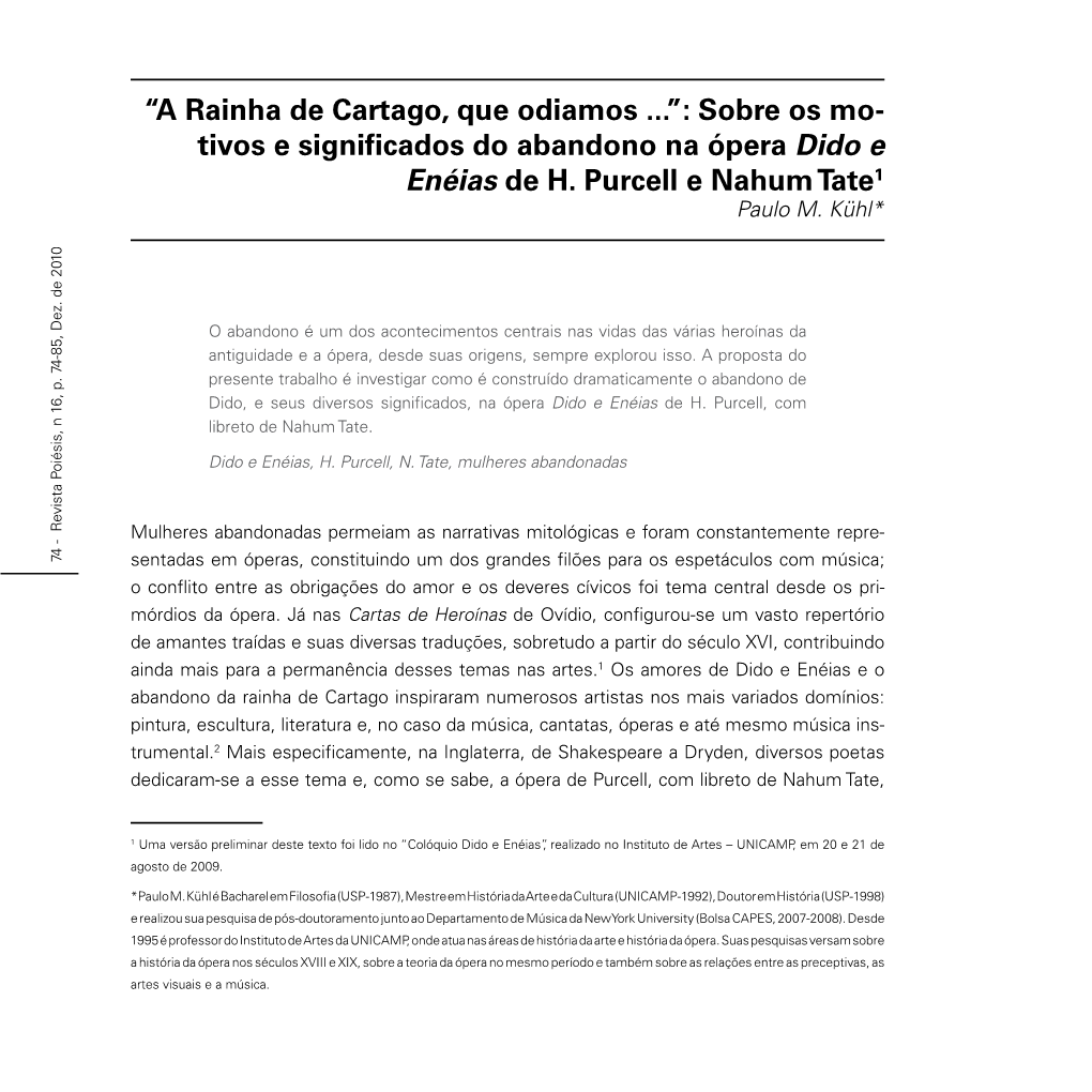Tivos E Significados Do Abandono Na Ópera Dido E Enéias De H. Purcell