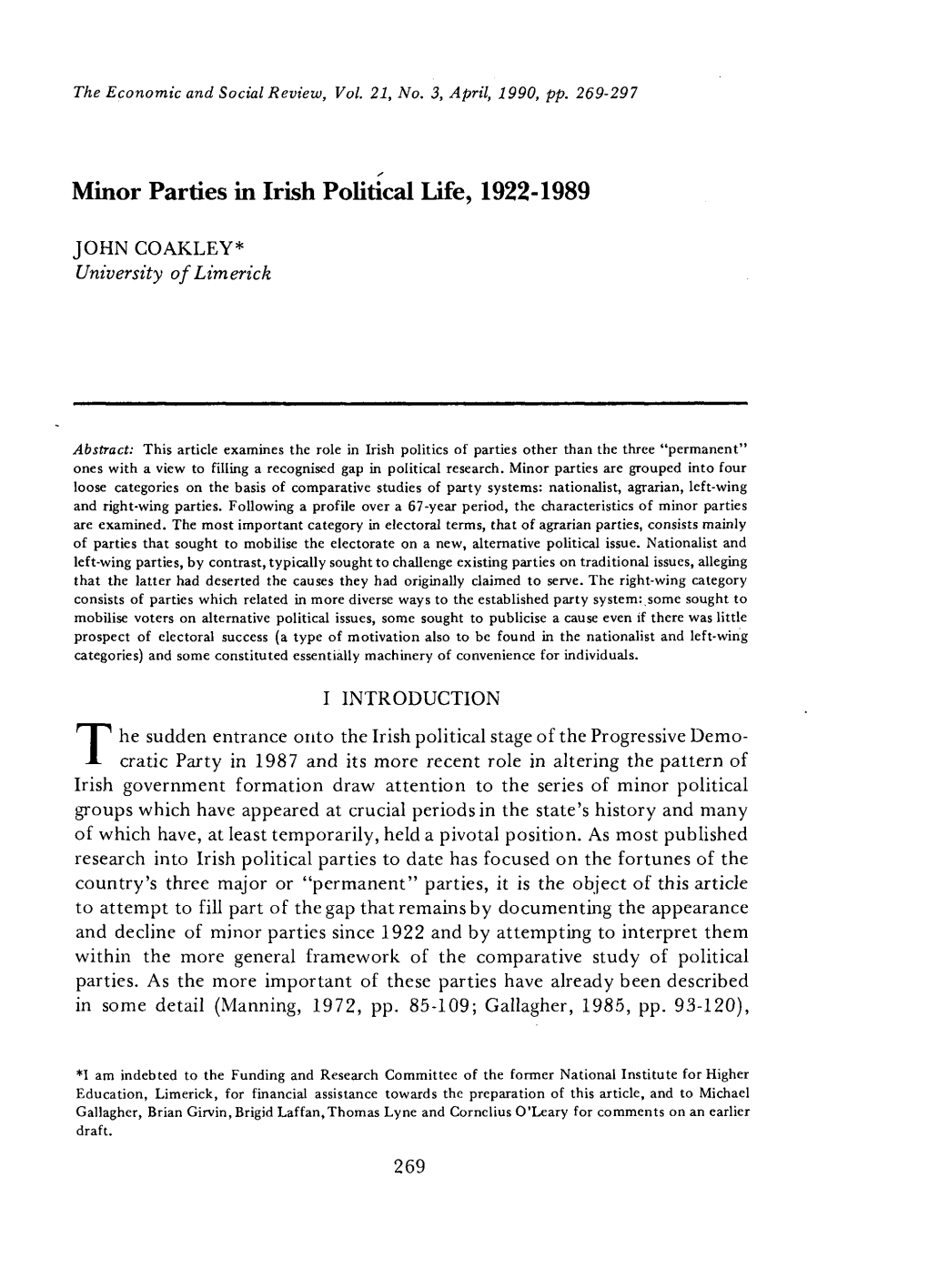 Minor Parties in Irish Political Life, 1922-1989