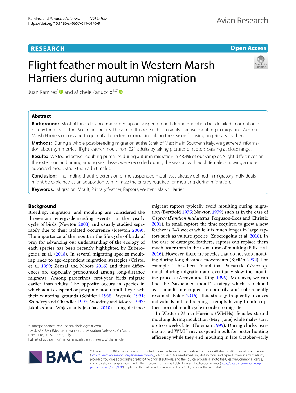 Flight Feather Moult in Western Marsh Harriers During Autumn Migration Juan Ramírez1 and Michele Panuccio1,2*