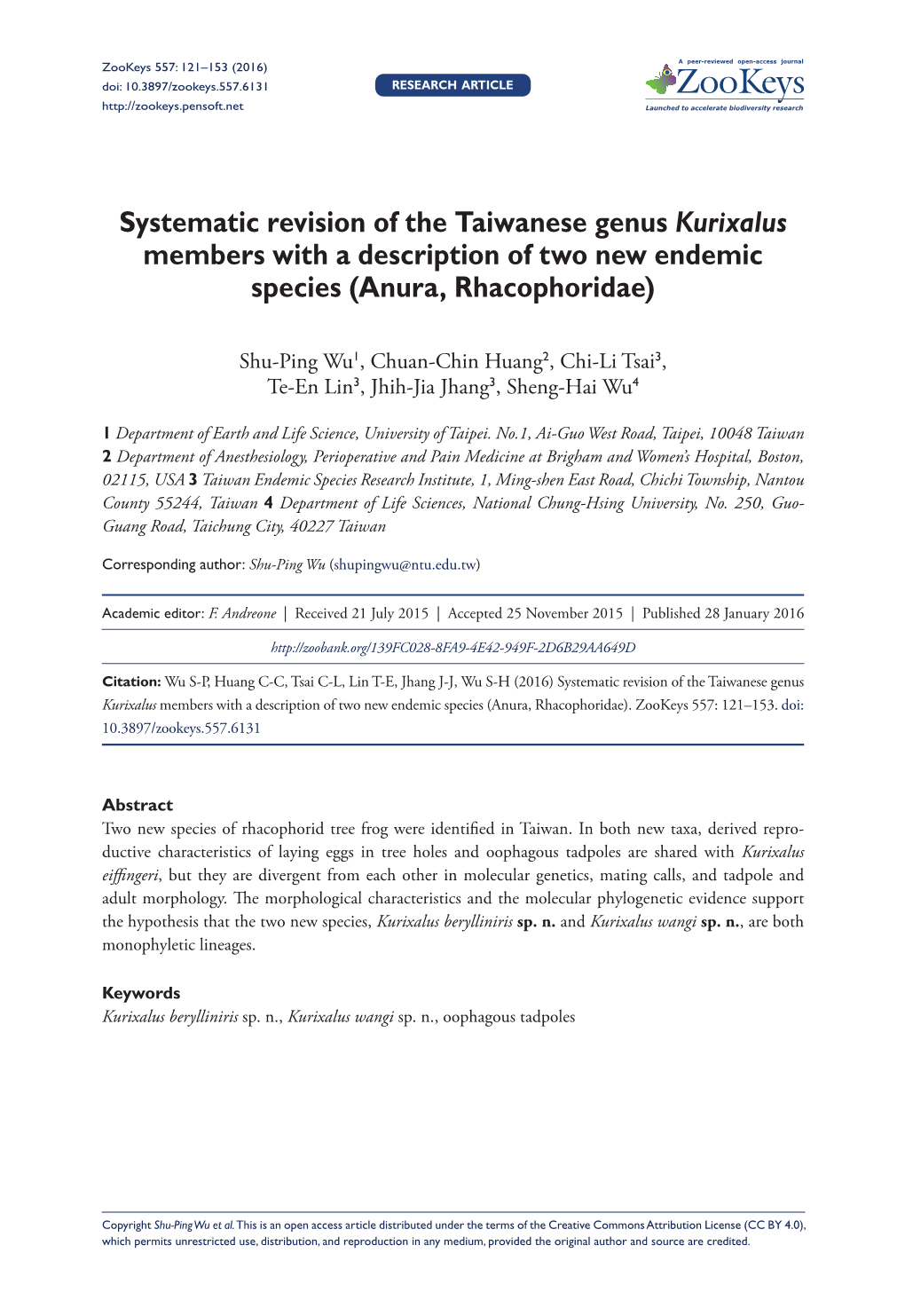 Systematic Revision of the Taiwanese Genus Kurixalus Members