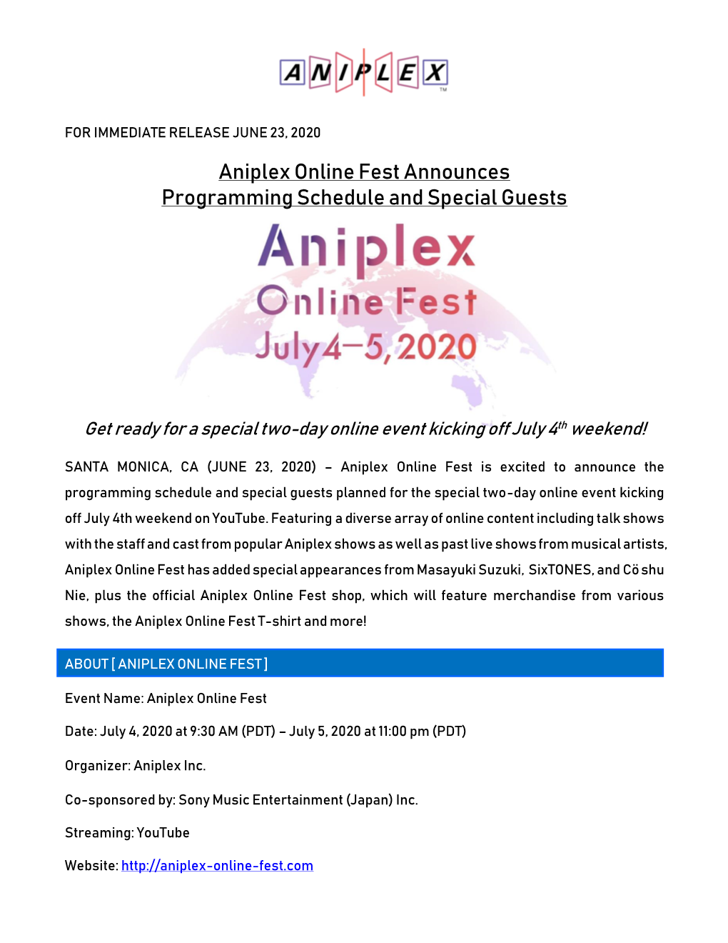 Aniplex Online Fest Announces Programming Schedule and Special Guests