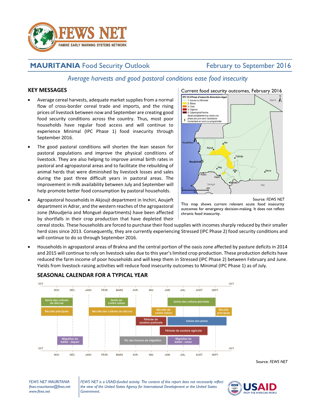 MAURITANIA Food Security Outlook February to September 2016