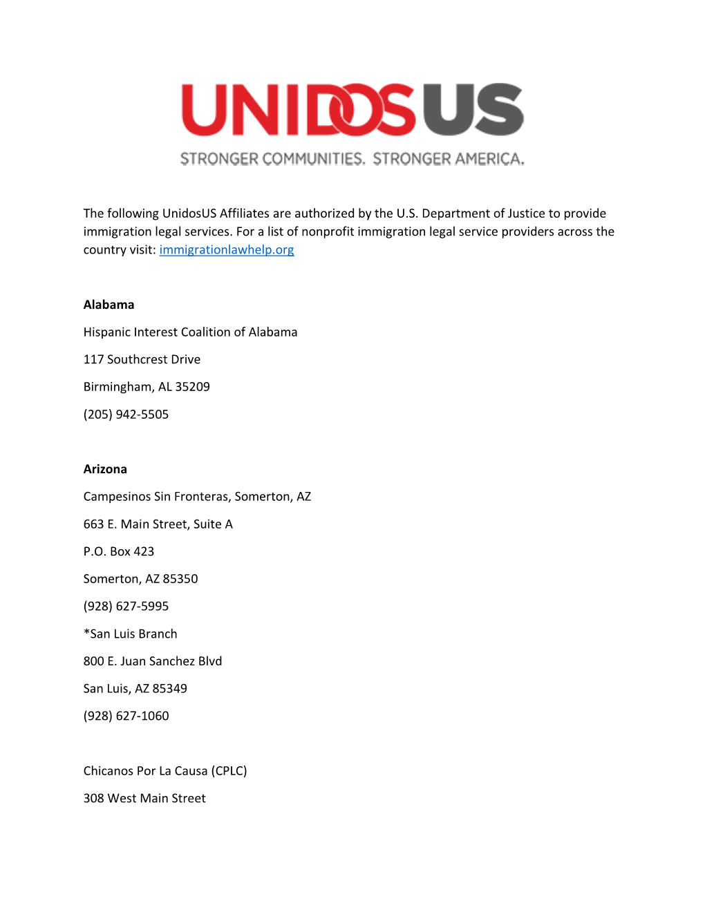 The Following Unidosus Affiliates Are Authorized by the U.S. Department of Justice to Provide Immigration Legal Services