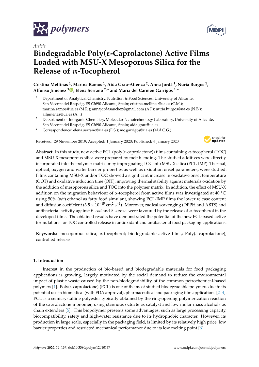 Active Films Loaded with MSU-X Mesoporous Silica for the Release of Α-Tocopherol