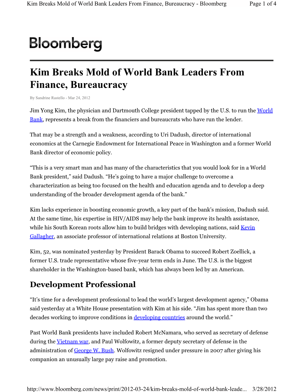 Kim Breaks Mold of World Bank Leaders from Finance, Bureaucracy - Bloomberg Page 1 of 4
