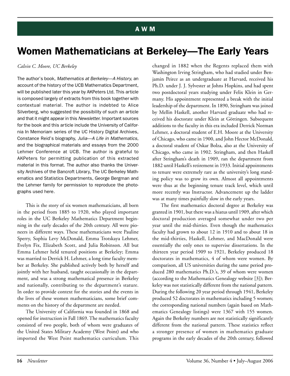 Women Mathematicians at Berkeley—The Early Years