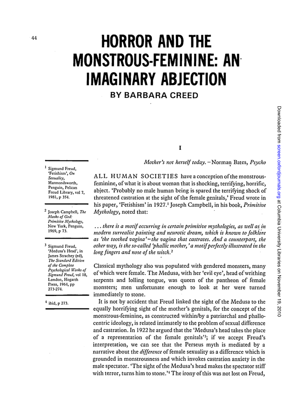 HORROR and the MONSTROUS-FEMININE: an IMAGINARY ABJECTION by BARBARA CREED Downloaded from Screen.Oxfordjournals.Org