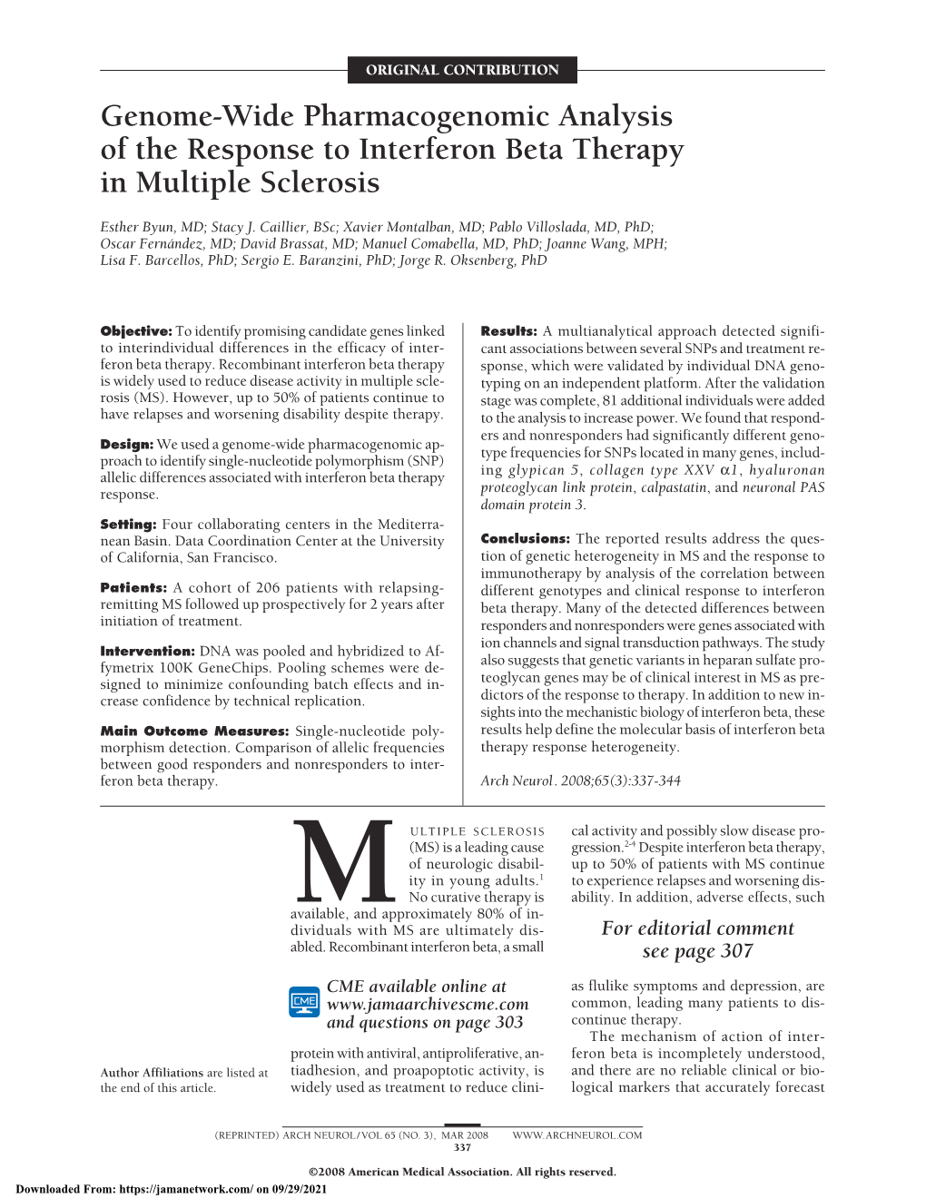 Genome-Wide Pharmacogenomic Analysis of the Response to Interferon Beta Therapy in Multiple Sclerosis