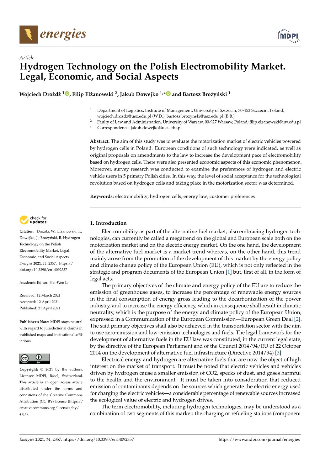 Hydrogen Technology on the Polish Electromobility Market. Legal, Economic, and Social Aspects