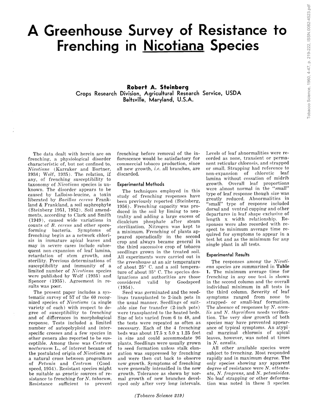 A Greenhouse Survey of Resistance to Frenching in Nicotiana Species