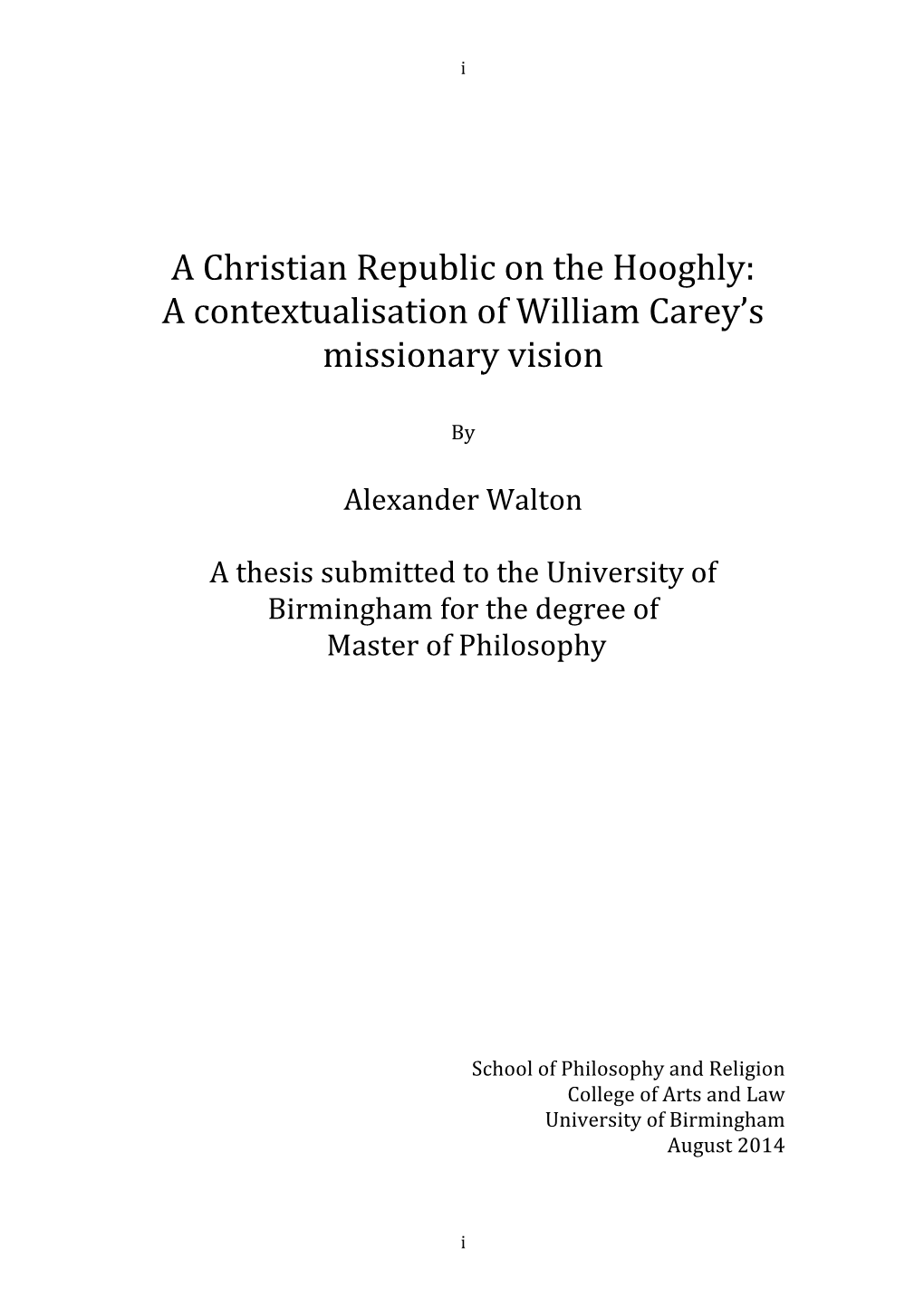 A Contextualisation of William Carey's Missionary Vision