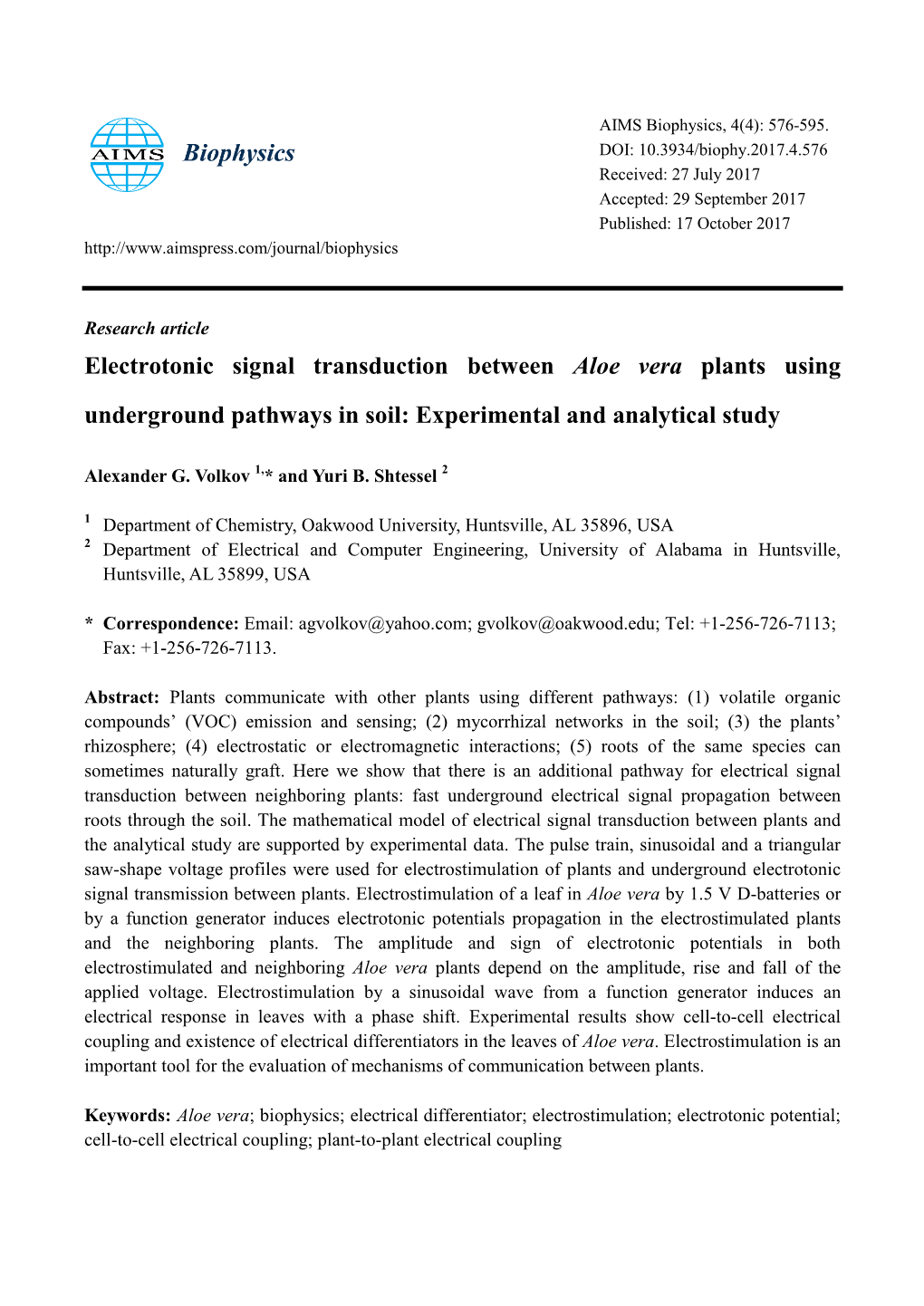 Electrotonic Signal Transduction Between Aloe Vera Plants Using Underground Pathways in Soil: Experimental and Analytical Study