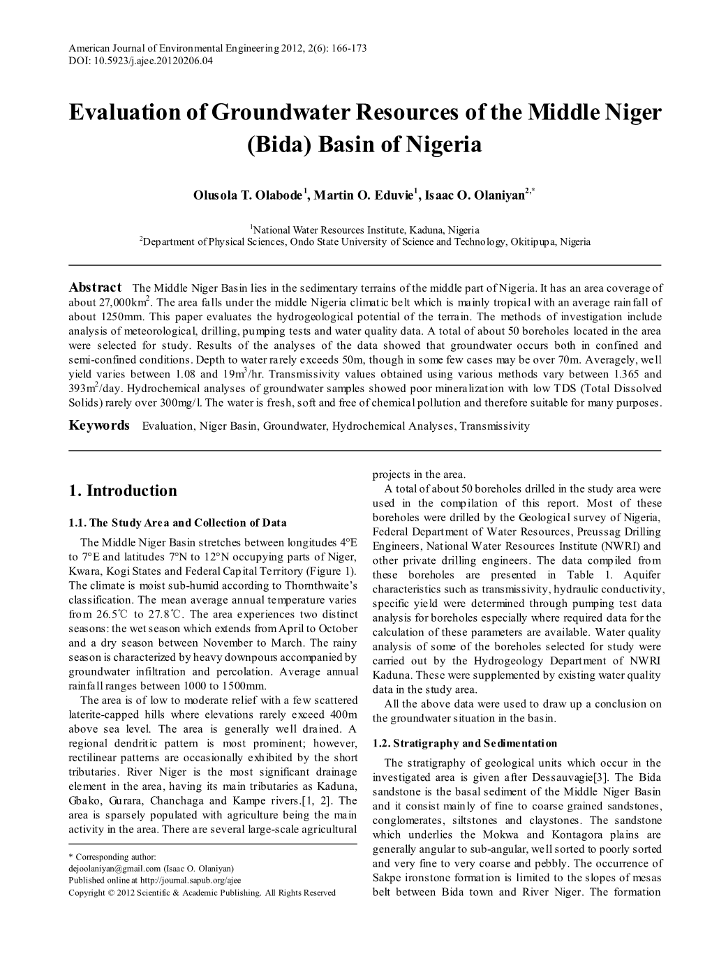 Evaluation of Groundwater Resources of the Middle Niger (Bida) Basin of Nigeria