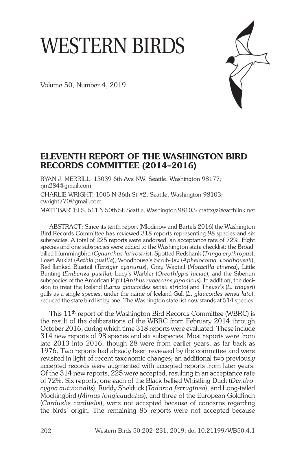 Eleventh Report of the Washington Bird Records Committee (2014–2016) Ryan J