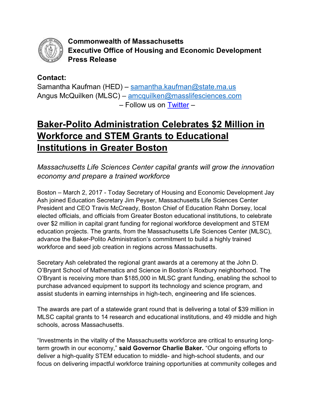 Baker-Polito Administration Celebrates $2 Million in Workforce and STEM Grants to Educational Institutions in Greater Boston