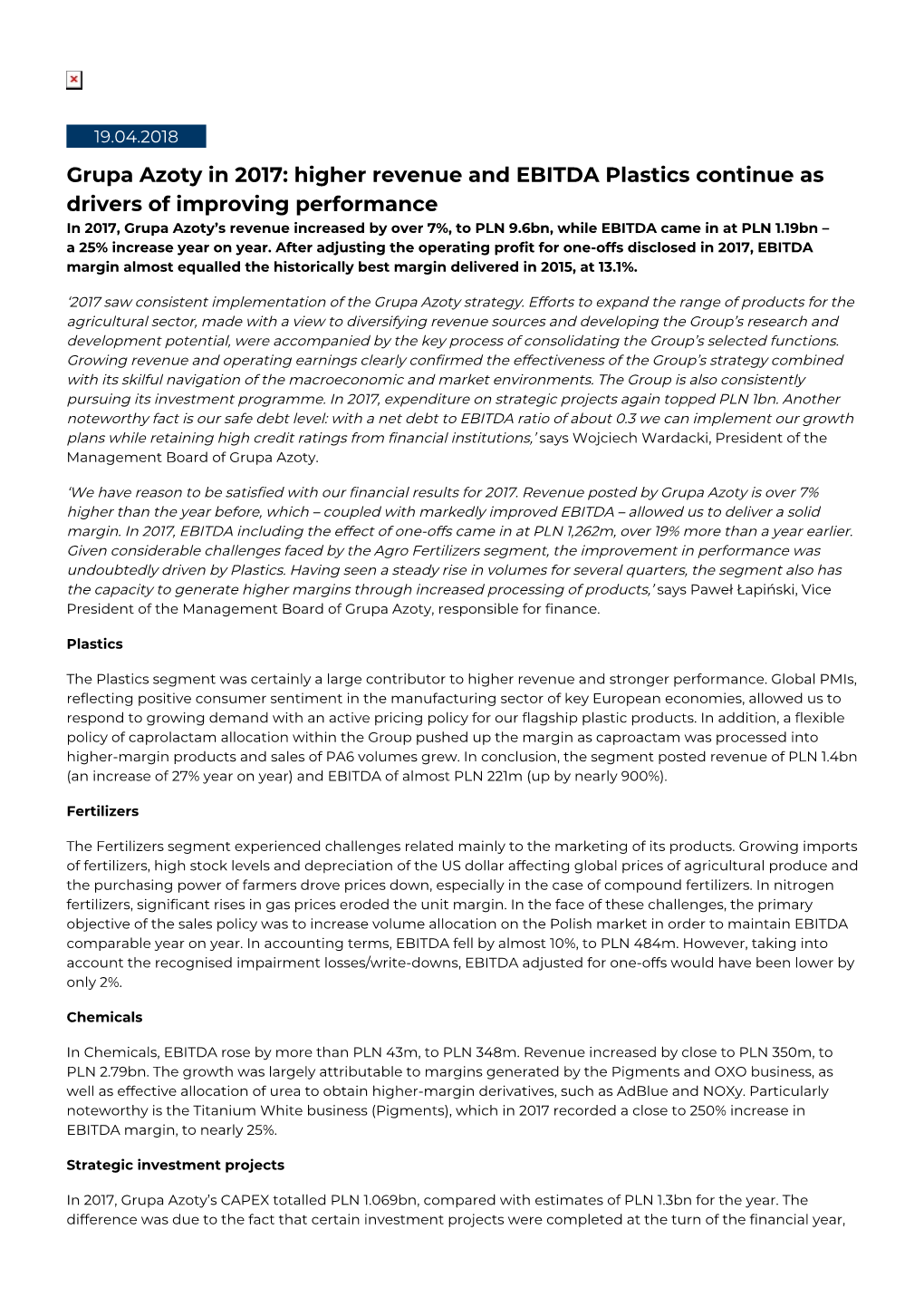 Grupa Azoty in 2017: Higher Revenue and EBITDA Plastics Continue As