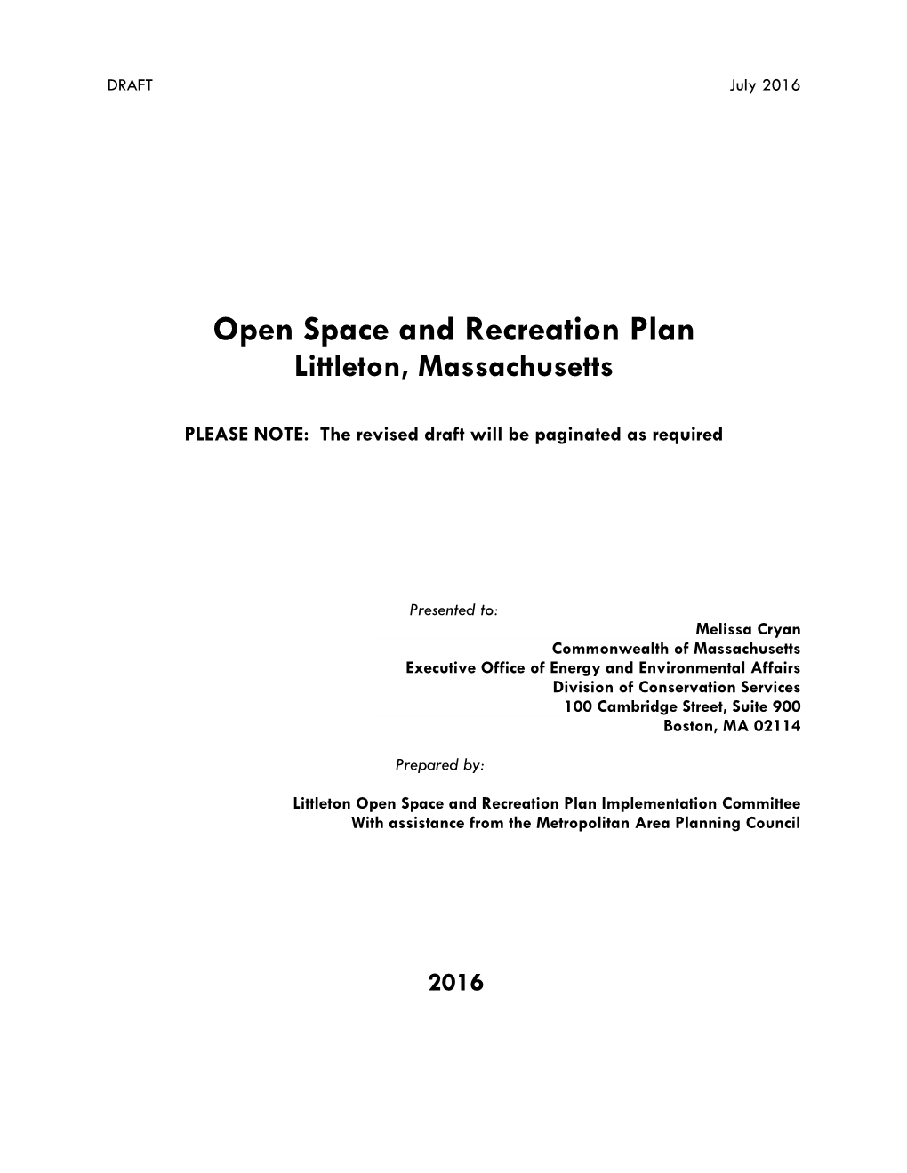 Open Space and Recreation Plan Littleton, Massachusetts