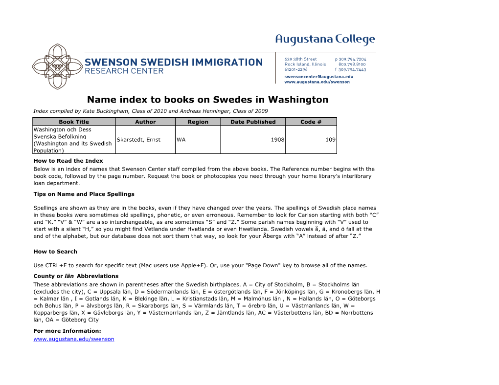 Name Index to Books on Swedes in Washington Index Compiled by Kate Buckingham, Class of 2010 and Andreas Henninger, Class of 2009