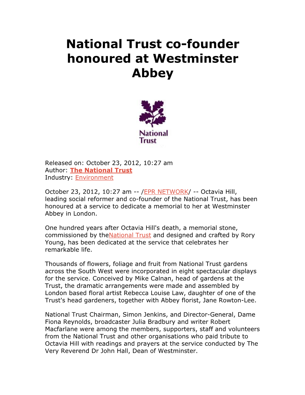 National Trust Co-Founder Honoured at Westminster Abbey