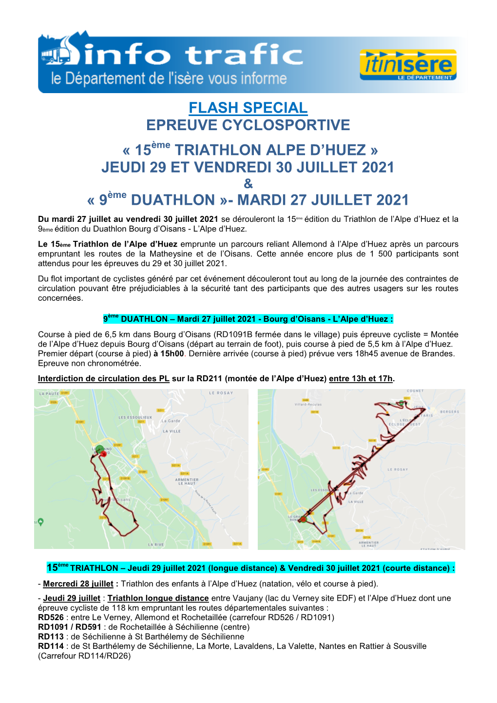 JEUDI 29 ET VENDREDI 30 JUILLET 2021 « 9Ème DUATHLON