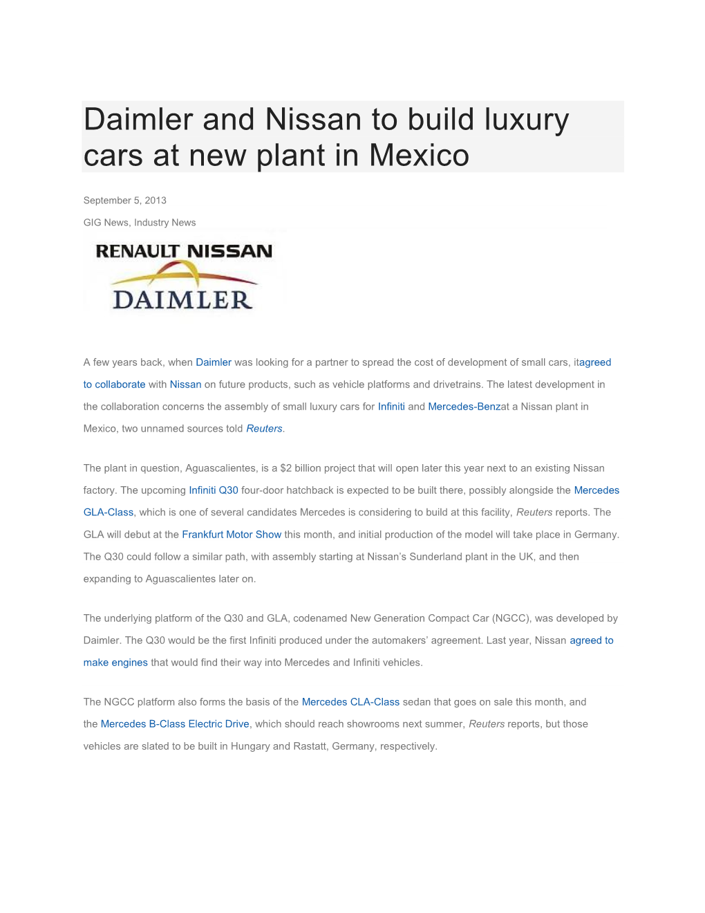 Daimler and Nissan to Build Luxury Cars at New Plant in Mexico