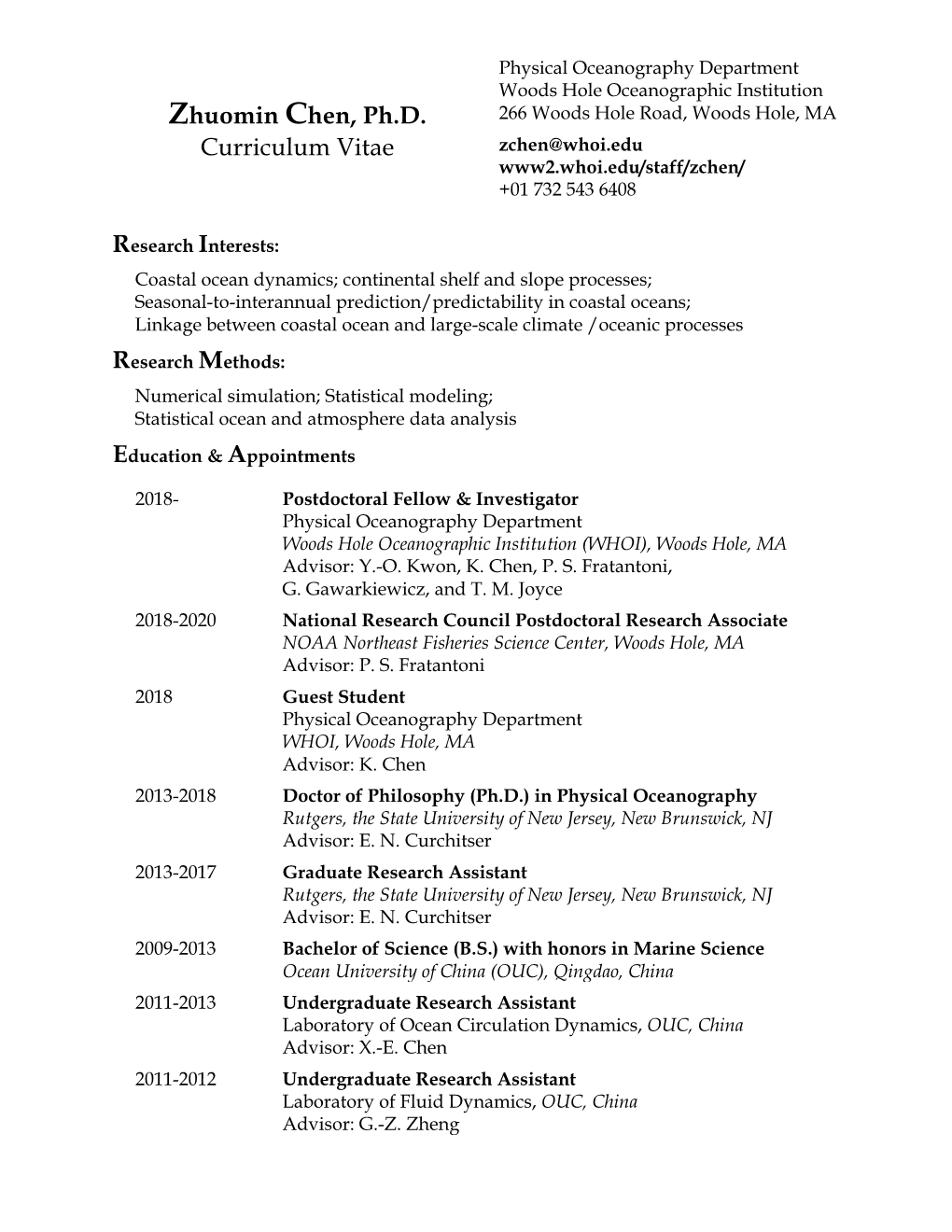 Zhuomin Chen, Ph.D. Curriculum Vitae