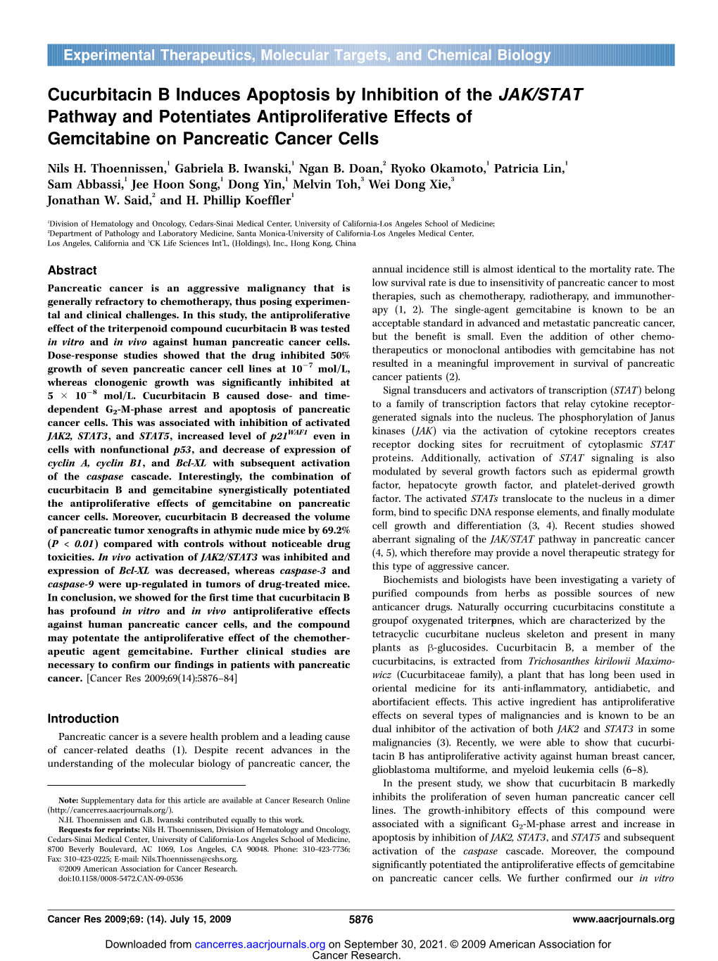 Cucurbitacin B Induces Apoptosis by Inhibition of the JAK/STAT Pathway and Potentiates Antiproliferative Effects of Gemcitabine on Pancreatic Cancer Cells