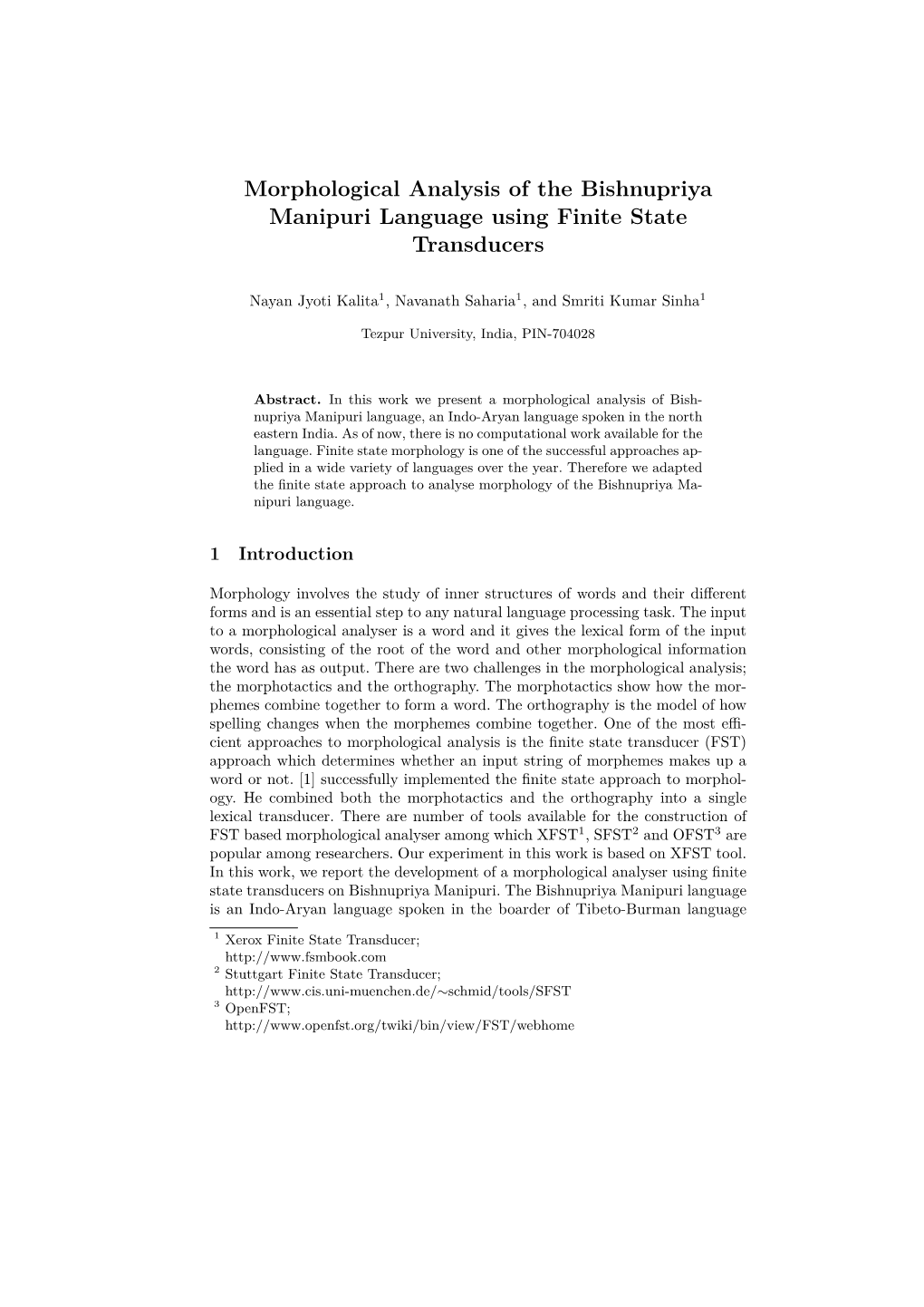 Morphological Analysis of the Bishnupriya Manipuri Language Using Finite State Transducers