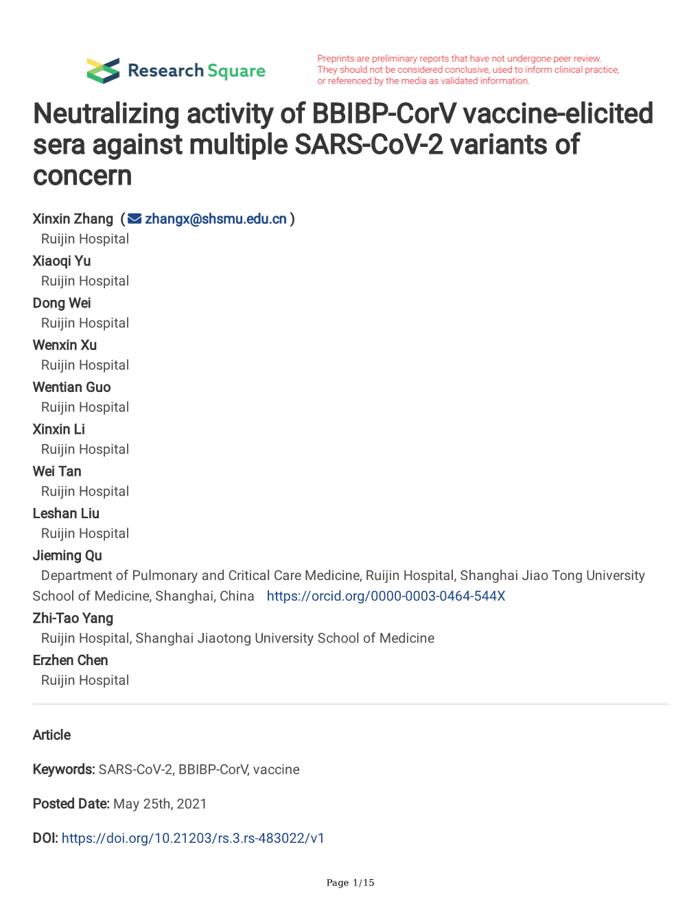 Neutralizing Activity of BBIBP-Corv Vaccine-Elicited Sera Against Multiple SARS-Cov-2 Variants of Concern