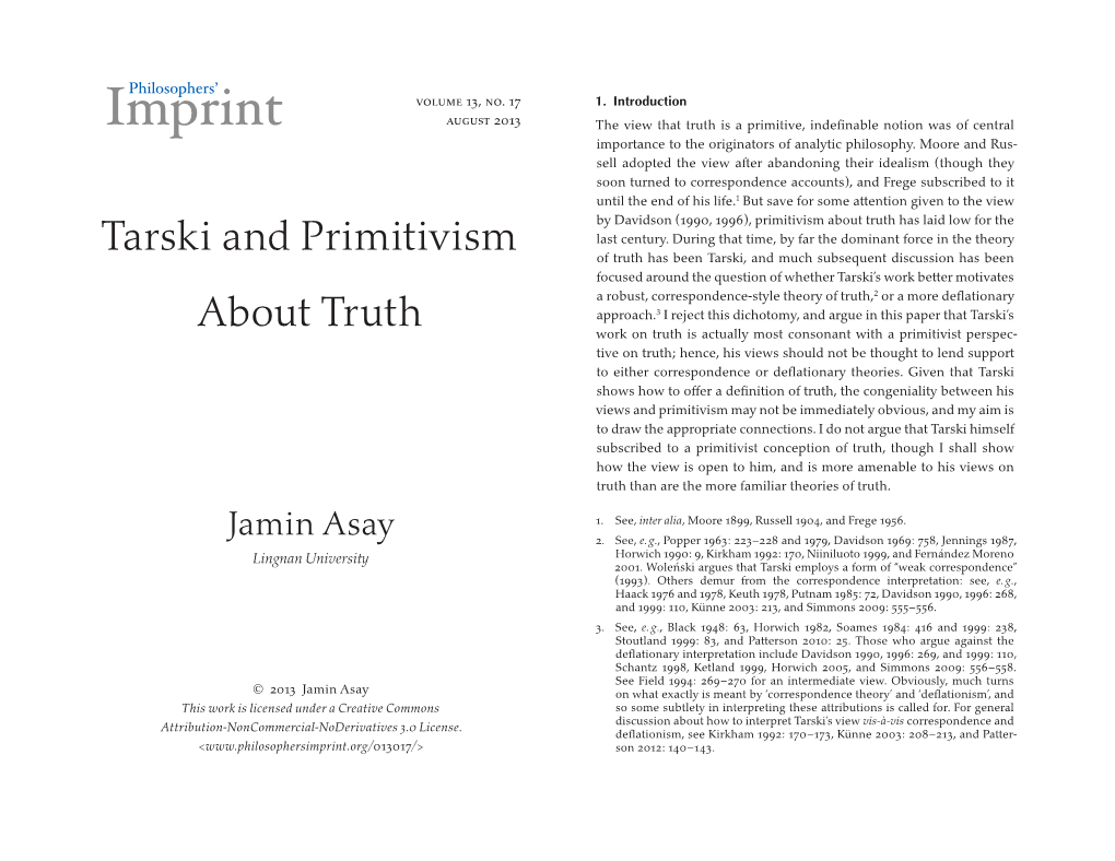 Tarski and Primitivism About Truth