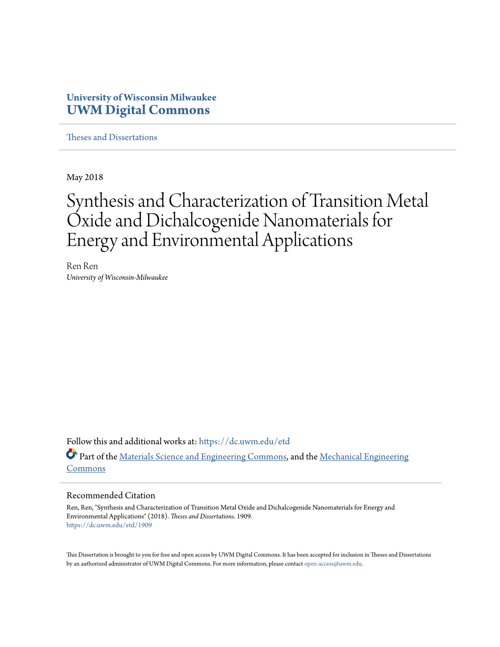 Synthesis and Characterization of Transition Metal Oxide And