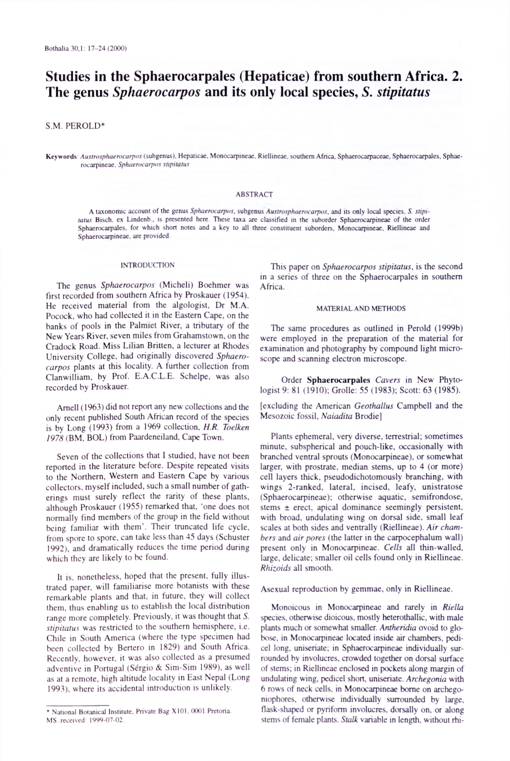 Studies in the Sphaerocarpales (Hepaticae) from Southern Africa