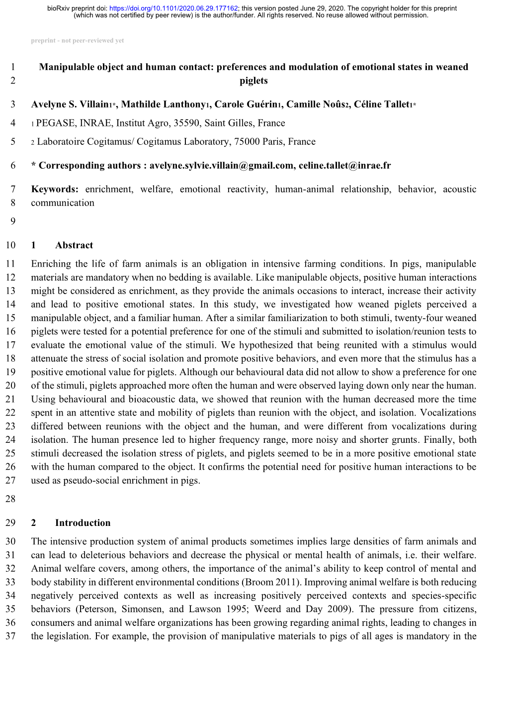 Manipulable Object and Human Contact: Preferences and Modulation of Emotional States in Weaned 2 Piglets