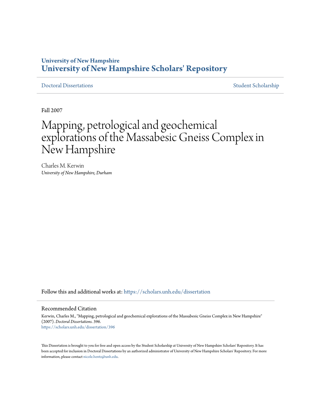 Mapping, Petrological and Geochemical Explorations of the Massabesic Gneiss Complex in New Hampshire Charles M