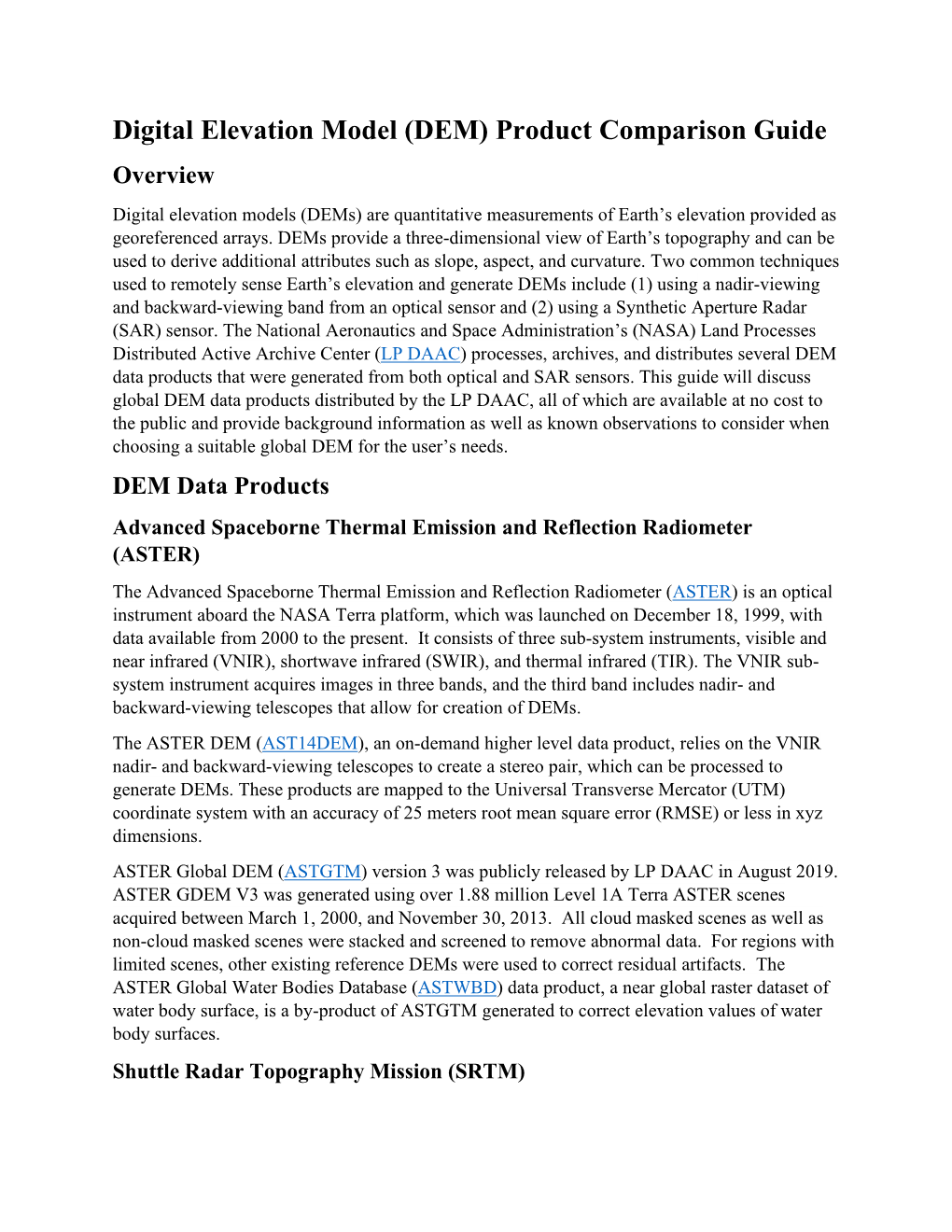 Digital Elevation Model (DEM) Product Comparison Guide