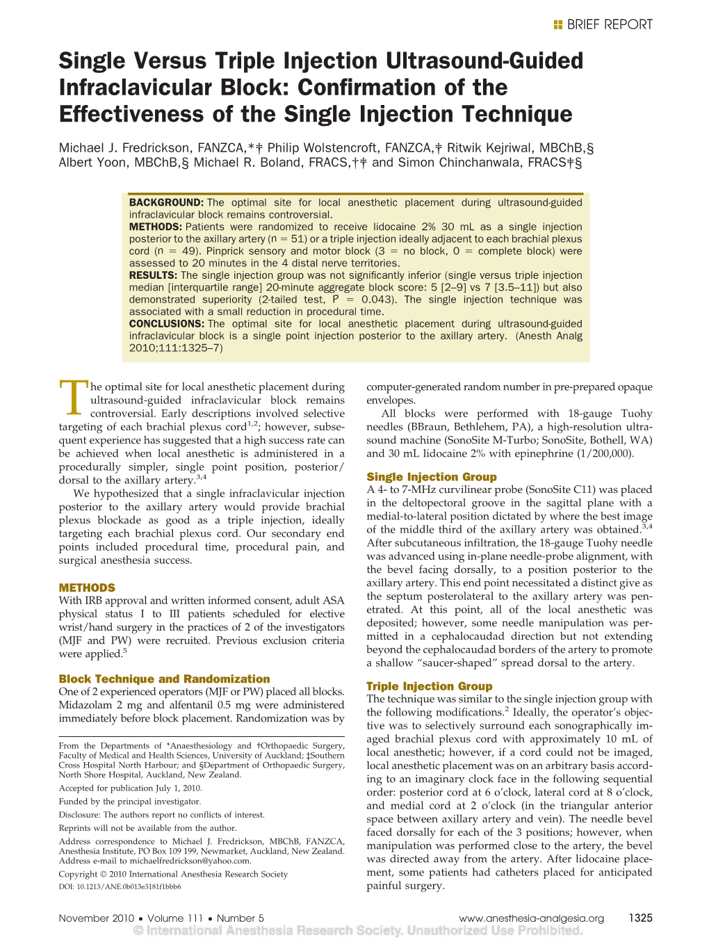 Single Versus Triple Injection Ultrasound-Guided Infraclavicular Block: Confirmation of the Effectiveness of the Single Injectio