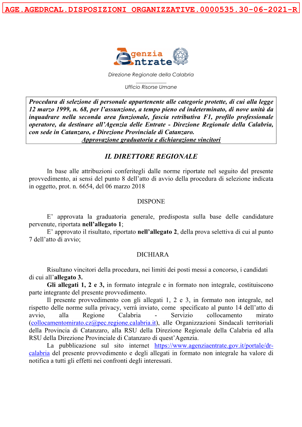 Age.Agedrcal.Disposizioni Organizzative.0000535.30-06-2021-R