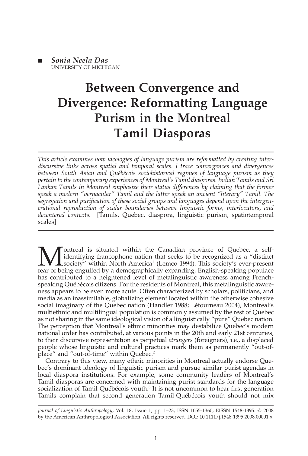 Between Convergence and Divergence: Reformatting Language Purism in the Montreal Tamil Diasporas