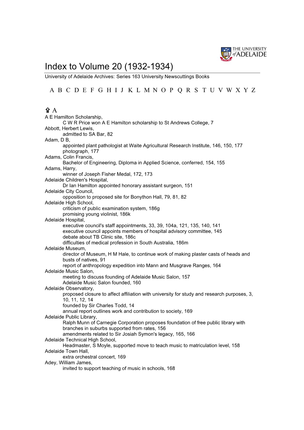 Index to Volume 20 (1932-1934) University of Adelaide Archives: Series 163 University Newscuttings Books