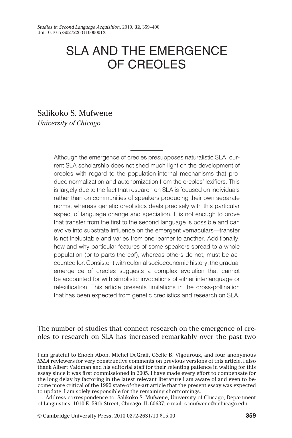 Sla and the Emergence of Creoles