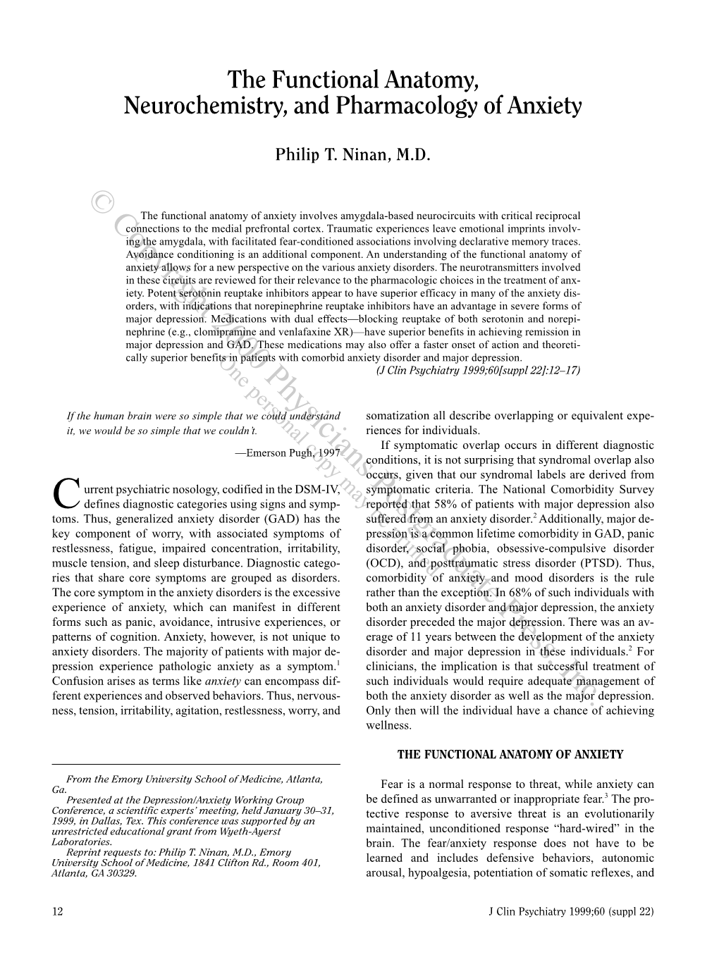 The Functional Anatomy, Neurochemistry, and Pharmacology of Anxiety