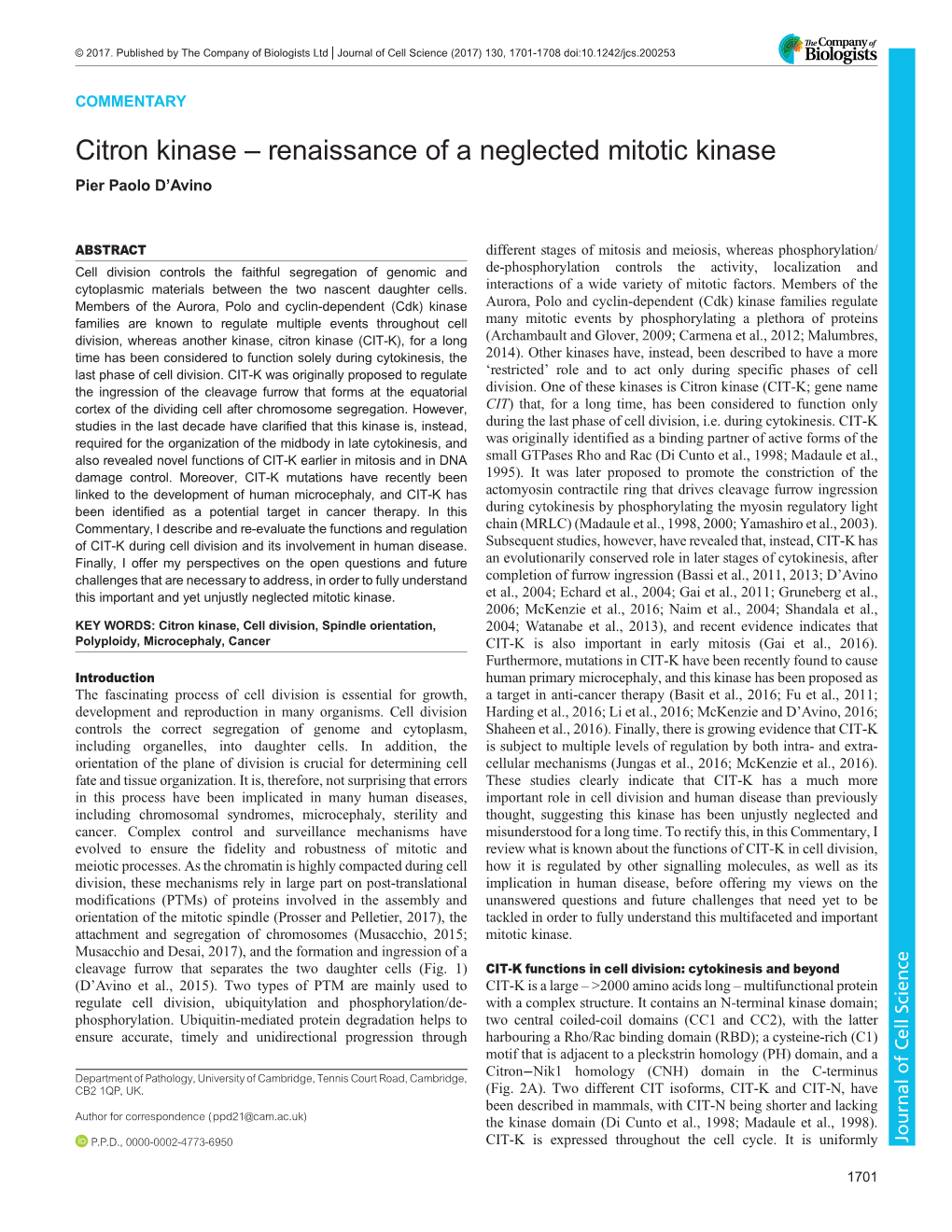 Citron Kinase – Renaissance of a Neglected Mitotic Kinase Pier Paolo D’Avino