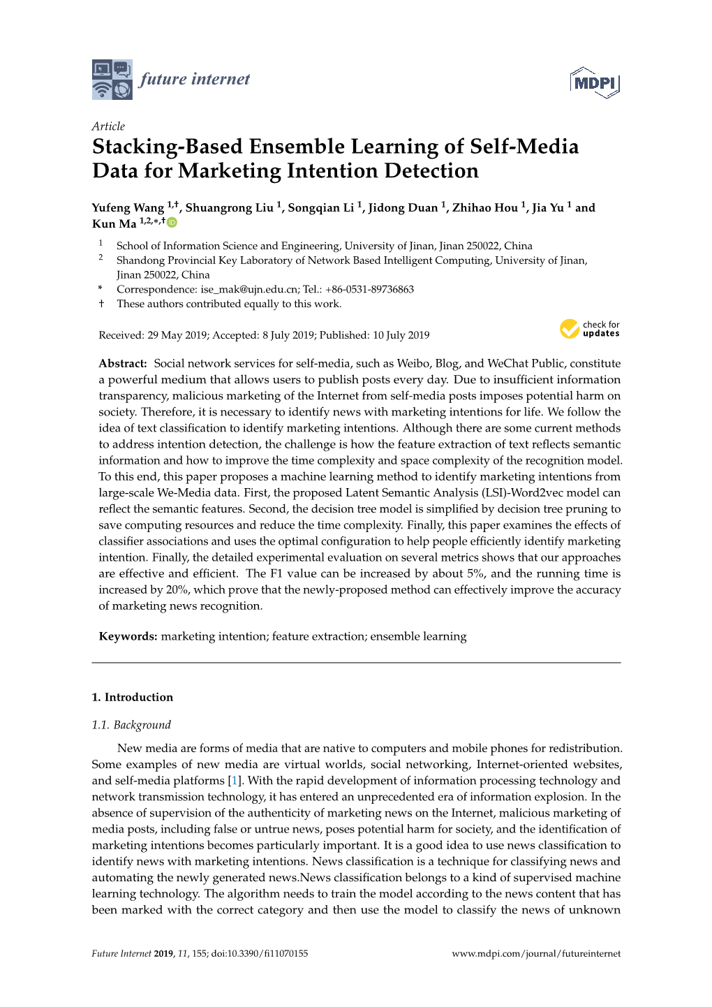 Stacking-Based Ensemble Learning of Self-Media Data for Marketing Intention Detection