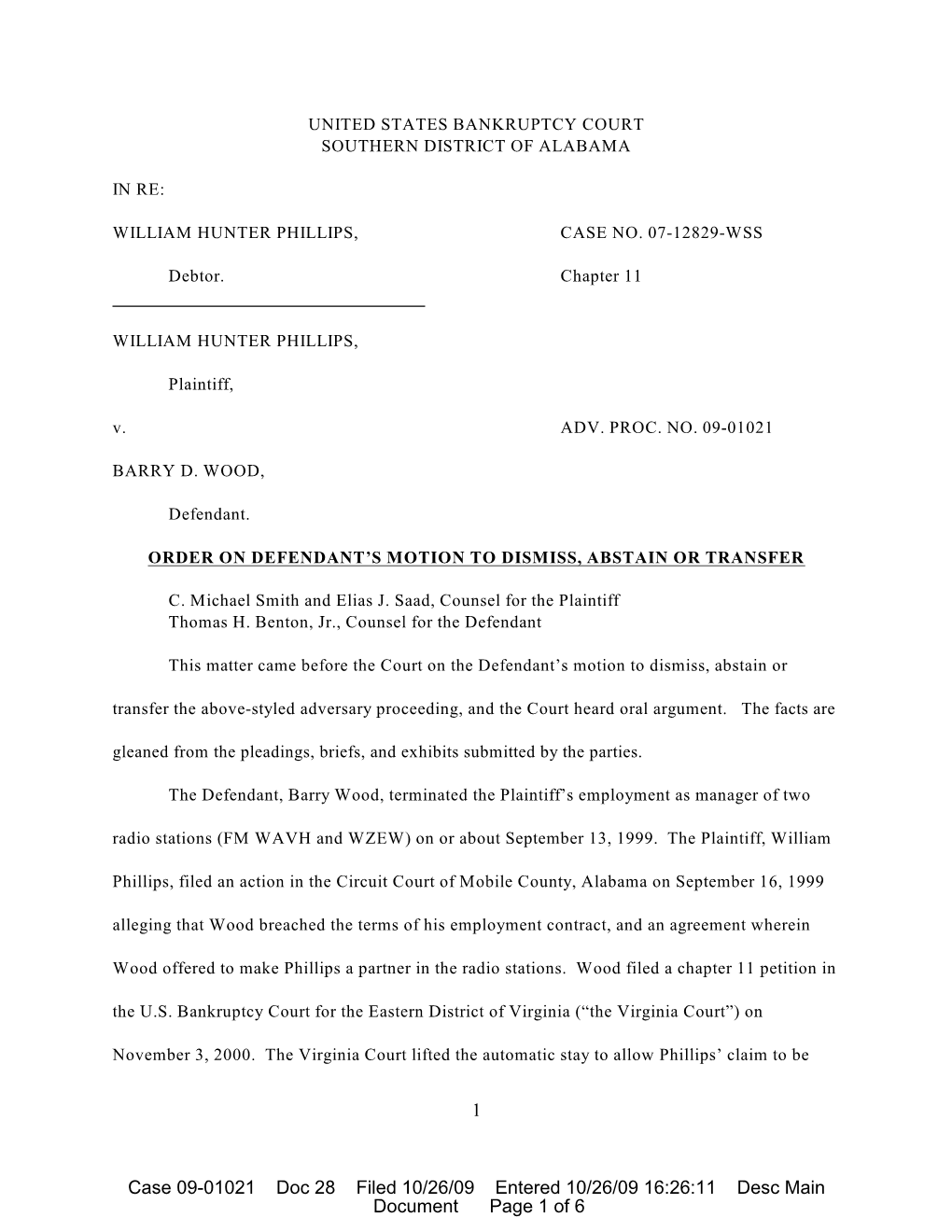 1 Case 09-01021 Doc 28 Filed 10/26/09 Entered 10/26/09 16:26:11