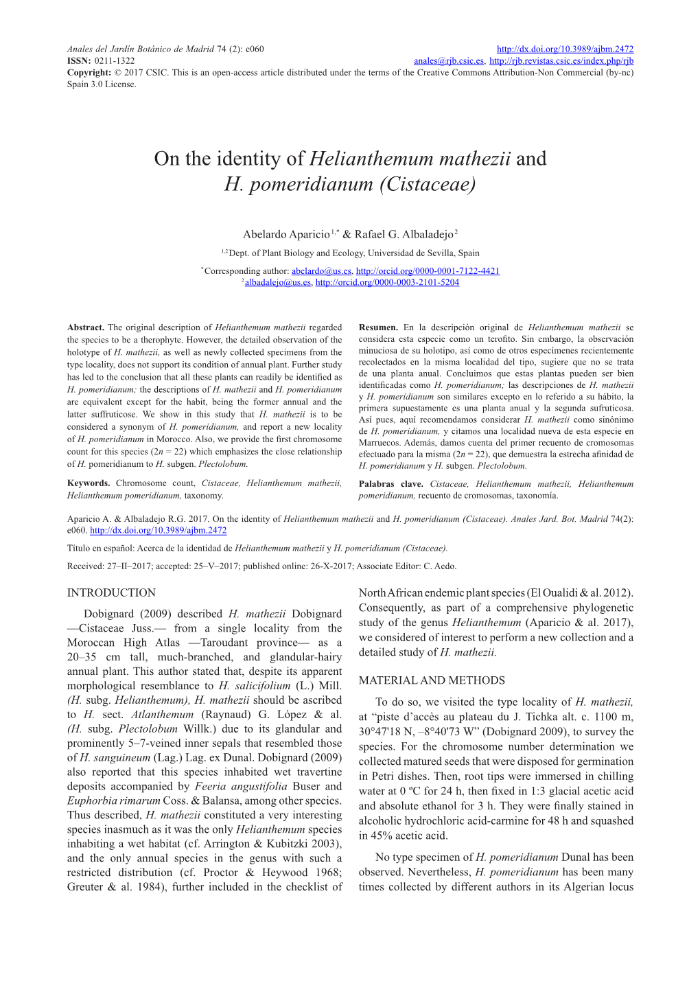 On the Identity of Helianthemum Mathezii and H. Pomeridianum (Cistaceae)