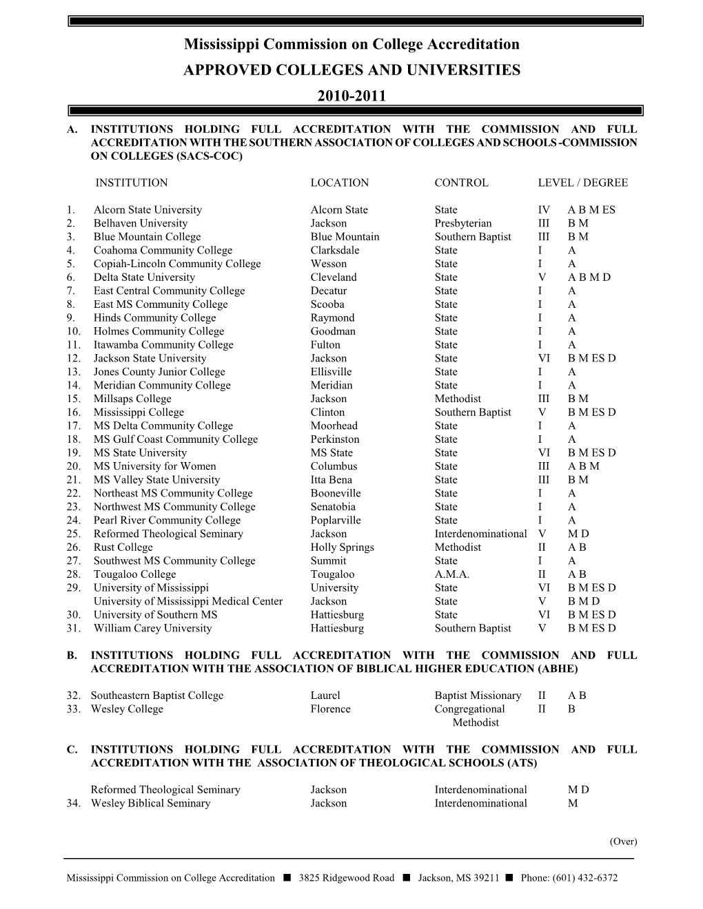 Mississippi Commission on College Accreditation APPROVED COLLEGES and UNIVERSITIES 2010-2011