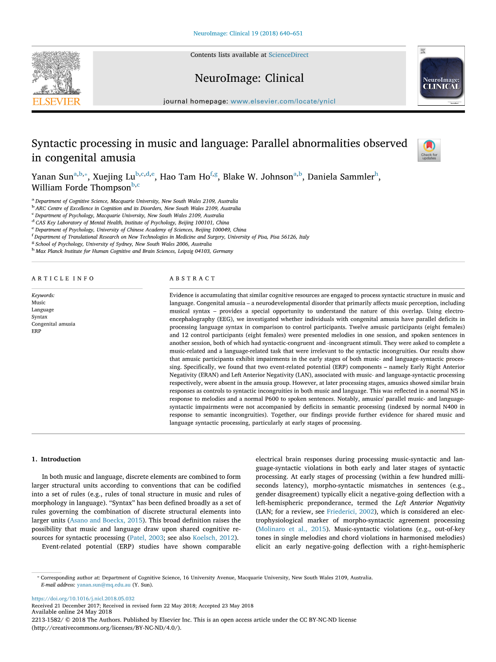 Syntactic Processing in Music and Language Parallel Abnormalities Observed in Congenital Amusia